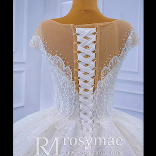 Modest Lace Ruffle Ball Gown Wedding Dress with Cap Sleeve - Rosymae