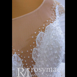 Modest Lace Ruffle Ball Gown Wedding Dress with Cap Sleeve - Rosymae
