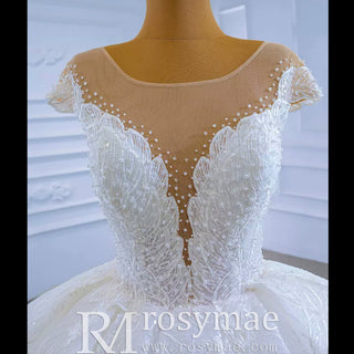 Modest Lace Ruffle Ball Gown Wedding Dress with Cap Sleeve - Rosymae