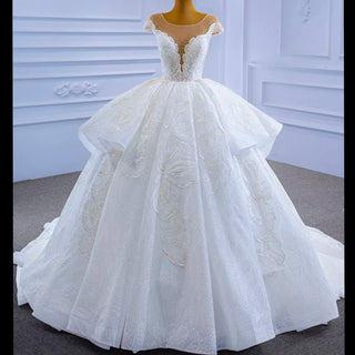 Modest Lace Ruffle Ball Gown Wedding Dress with Cap Sleeve - Rosymae