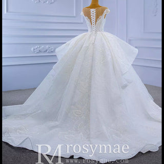Modest Lace Ruffle Ball Gown Wedding Dress with Cap Sleeve - Rosymae