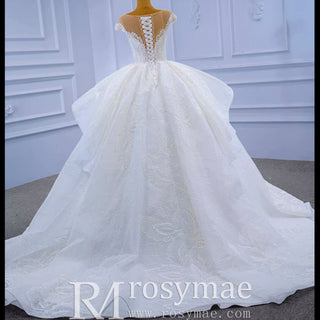 Modest Lace Ruffle Ball Gown Wedding Dress with Cap Sleeve - Rosymae