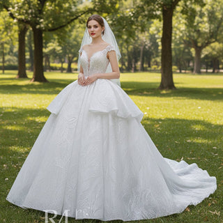 Modest Lace Ruffle Ball Gown Wedding Dress with Cap Sleeve - Rosymae
