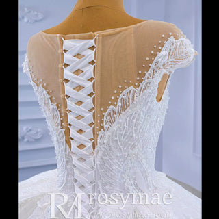 Modest Lace Ruffle Ball Gown Wedding Dress with Cap Sleeve - Rosymae