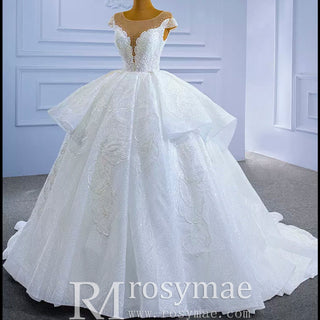 Modest Lace Ruffle Ball Gown Wedding Dress with Cap Sleeve - Rosymae