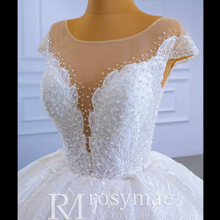 Modest Lace Ruffle Ball Gown Wedding Dress with Cap Sleeve - Rosymae