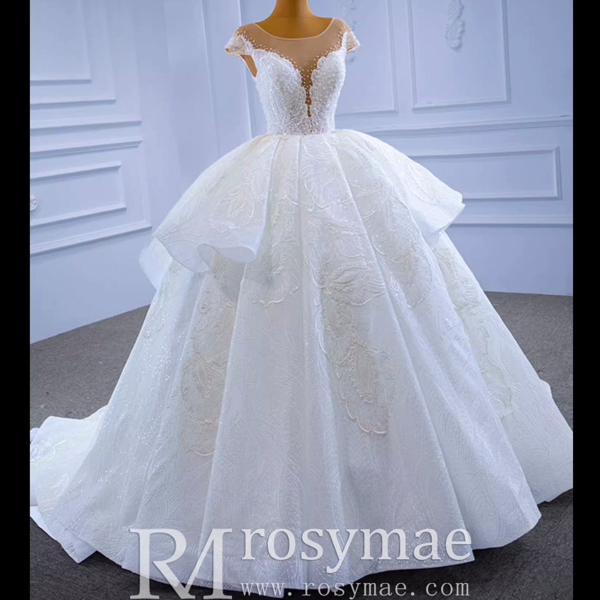 Modest Lace Ruffle Ball Gown Wedding Dress with Cap Sleeve - Rosymae