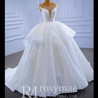 Modest Lace Ruffle Ball Gown Wedding Dress with Cap Sleeve - Rosymae
