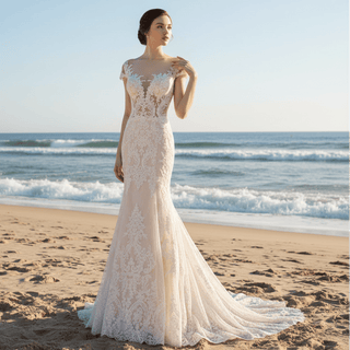 Modest Mermaid Lace Wedding Dresses with Short Sleeves - Rosymae