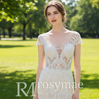 Modest Mermaid Lace Wedding Dresses with Short Sleeves - Rosymae