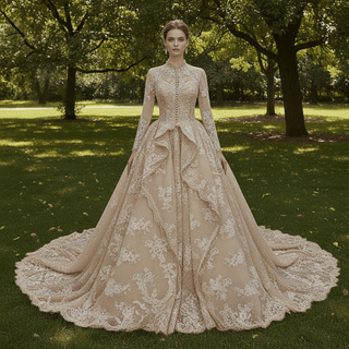 Modest Regal High Neck Long Sleeve Lace Wedding Dress with Overskirt - Rosymae
