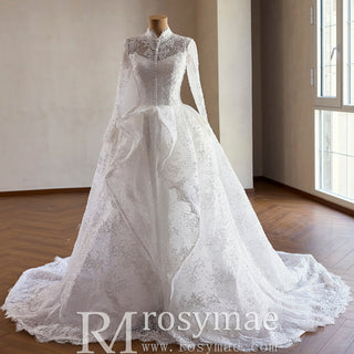 Modest Regal High Neck Long Sleeve Lace Wedding Dress with Overskirt - Rosymae