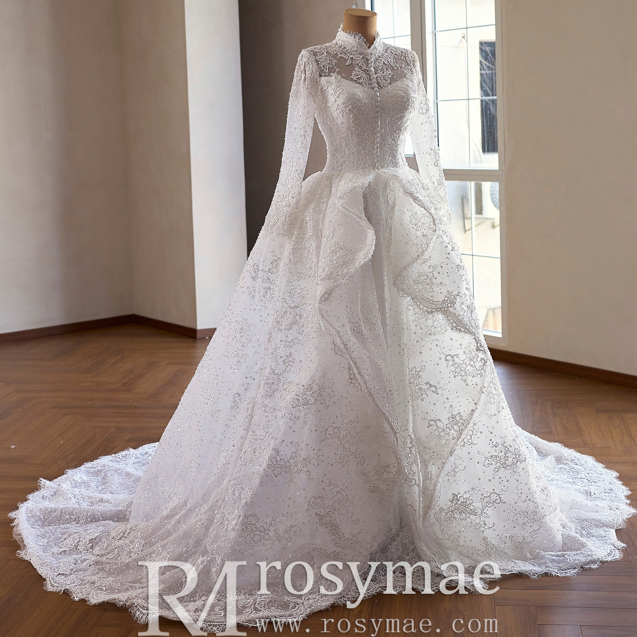 Modest Regal High Neck Long Sleeve Lace Wedding Dress with Overskirt - Rosymae
