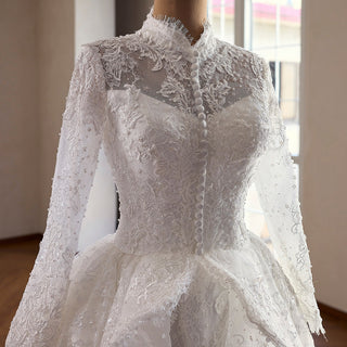 Modest Regal High Neck Long Sleeve Lace Wedding Dress with Overskirt - Rosymae