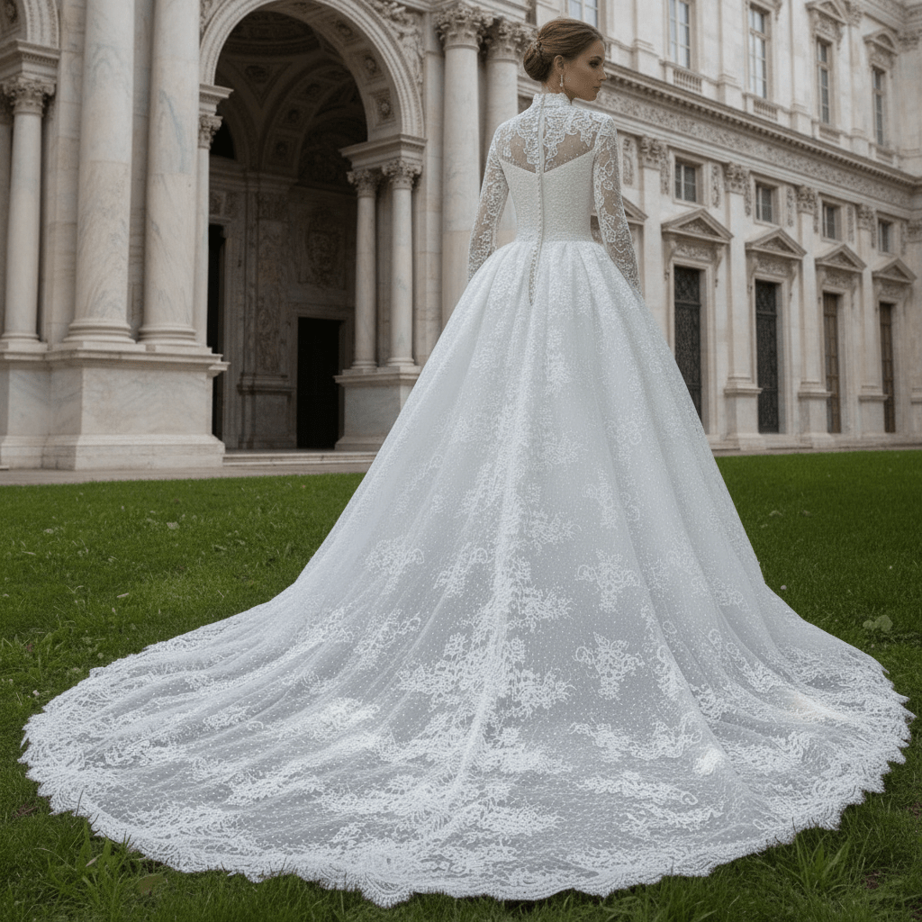 Modest Regal High Neck Long Sleeve Lace Wedding Dress with Overskirt - Rosymae