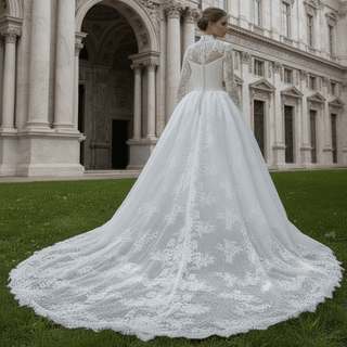 Modest Regal High Neck Long Sleeve Lace Wedding Dress with Overskirt - Rosymae