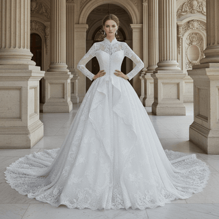 Modest Regal High Neck Long Sleeve Lace Wedding Dress with Overskirt - Rosymae