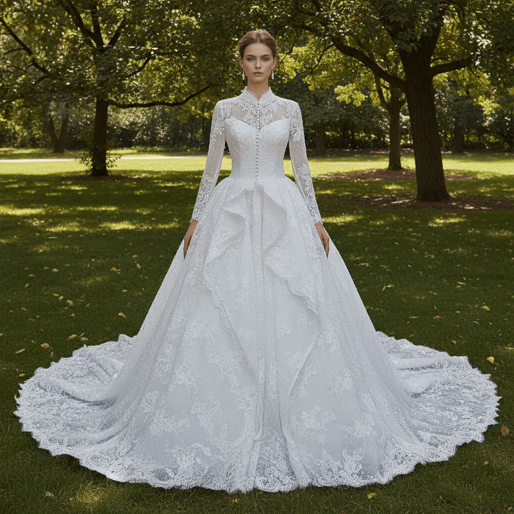Modest Regal High Neck Long Sleeve Lace Wedding Dress with Overskirt - Rosymae