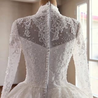 Modest Regal High Neck Long Sleeve Lace Wedding Dress with Overskirt - Rosymae