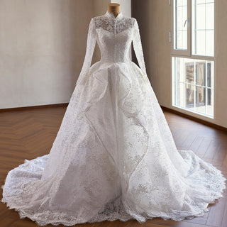 Modest Regal High Neck Long Sleeve Lace Wedding Dress with Overskirt - Rosymae