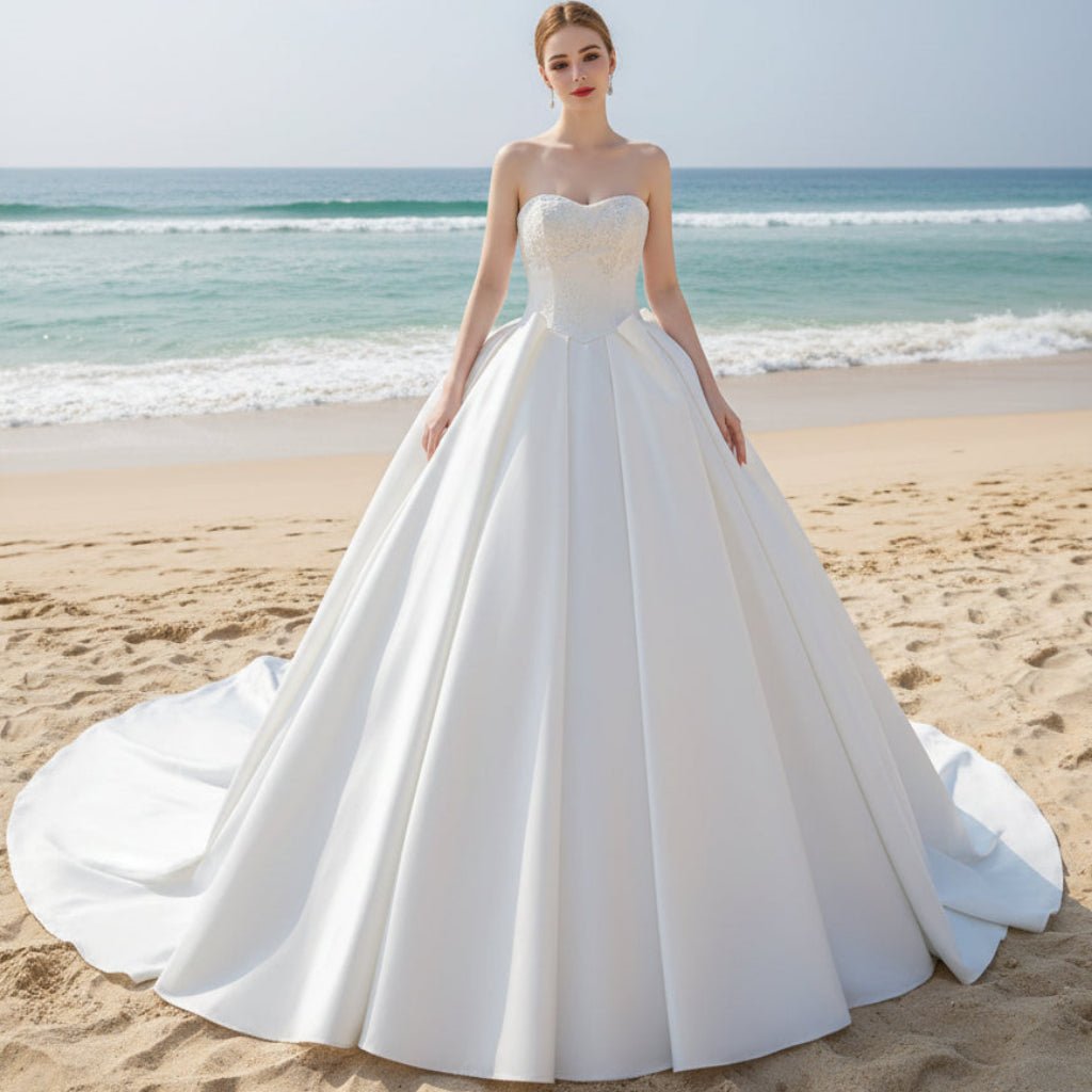 Modest Satin Ball Gown Boat Neck Wedding Dress - Rosymae
