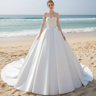 Modest Satin Ball Gown Boat Neck Wedding Dress - Rosymae