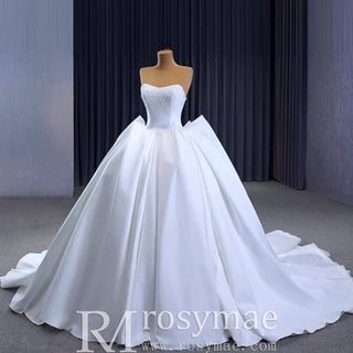 Modest Satin Ball Gown Boat Neck Wedding Dress - Rosymae