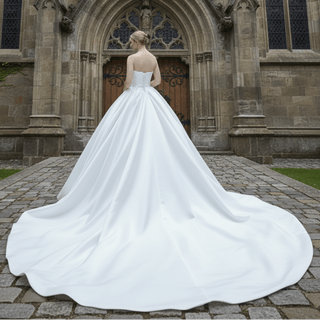Modest Satin Ball Gown Boat Neck Wedding Dress - Rosymae
