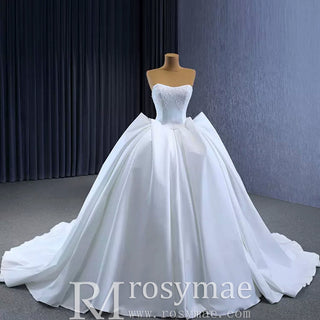 Modest Satin Ball Gown Boat Neck Wedding Dress - Rosymae