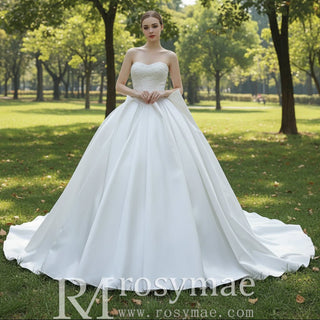 Modest Satin Ball Gown Boat Neck Wedding Dress - Rosymae