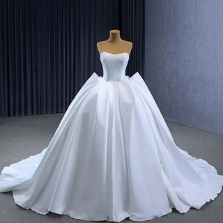 Modest Satin Ball Gown Boat Neck Wedding Dress - Rosymae