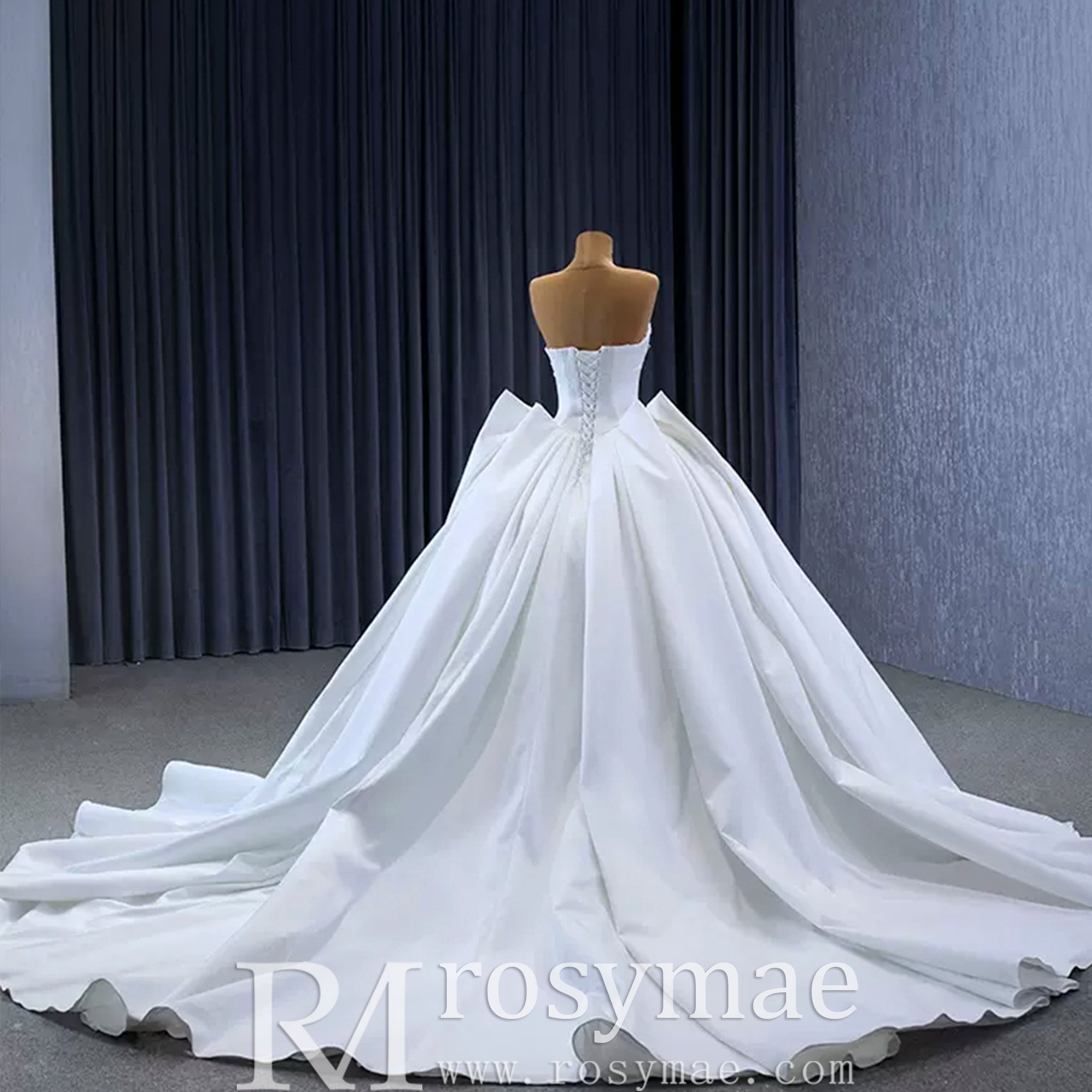 Modest Satin Ball Gown Boat Neck Wedding Dress - Rosymae