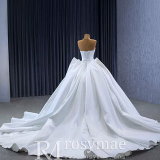 Modest Satin Ball Gown Boat Neck Wedding Dress - Rosymae