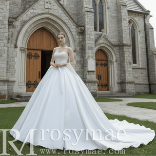 Modest Satin Ball Gown Boat Neck Wedding Dress - Rosymae