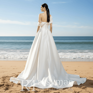 Modest Satin Plain Wedding Dress with Capped Sleeves - Rosymae