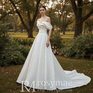 Modest Satin Plain Wedding Dress with Capped Sleeves - Rosymae