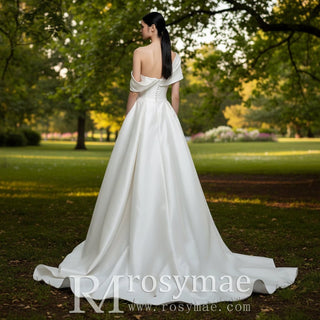 Modest Satin Plain Wedding Dress with Capped Sleeves - Rosymae