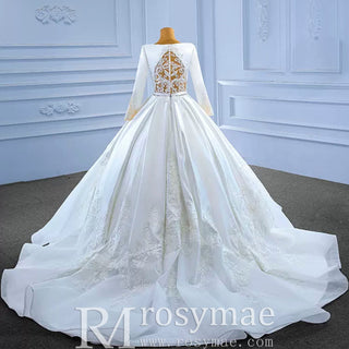 Modest Satin Wedding Dress Beaded Long Sleeve Ball Gown - Rosymae