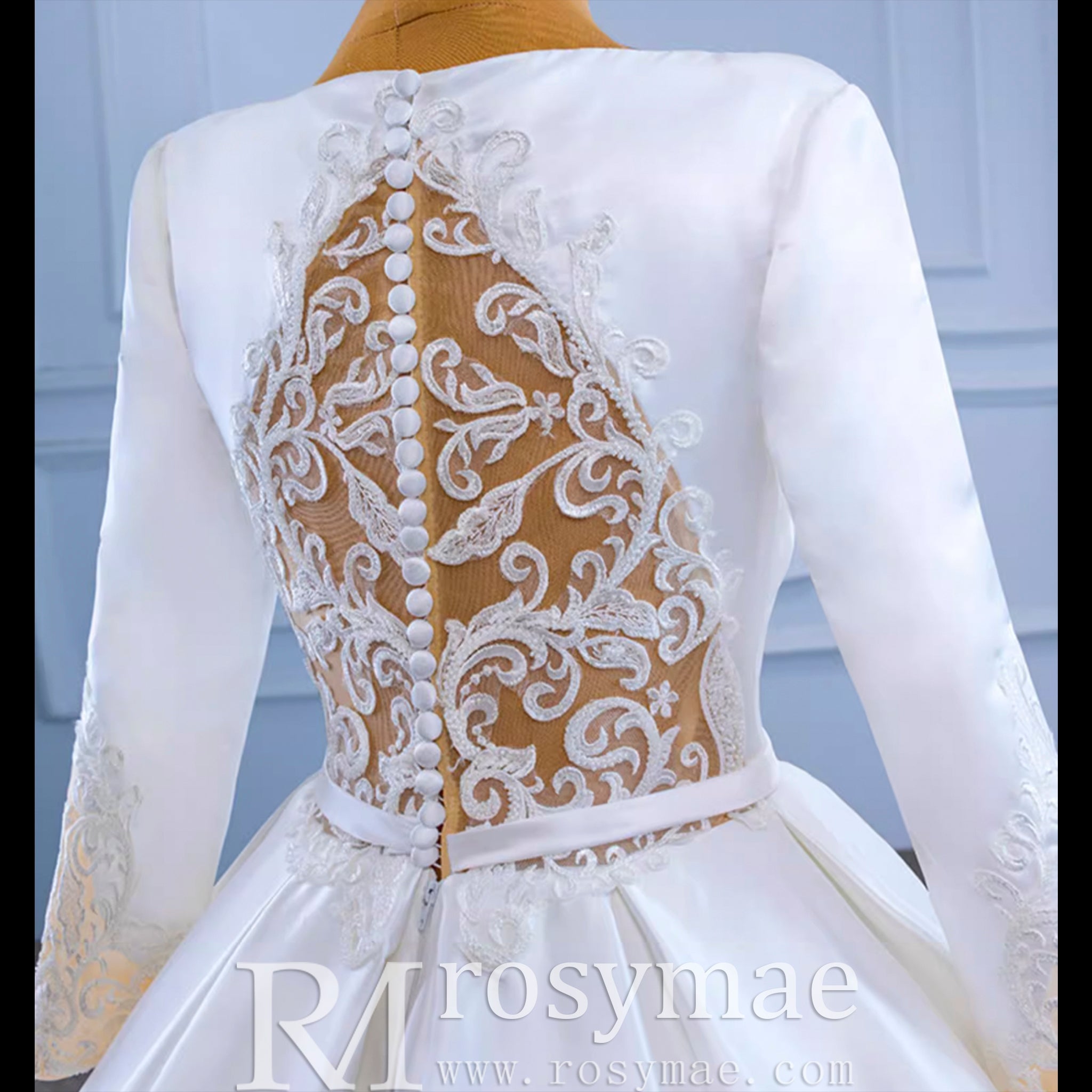 Modest Satin Wedding Dress Beaded Long Sleeve Ball Gown - Rosymae