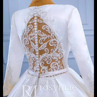 Modest Satin Wedding Dress Beaded Long Sleeve Ball Gown - Rosymae