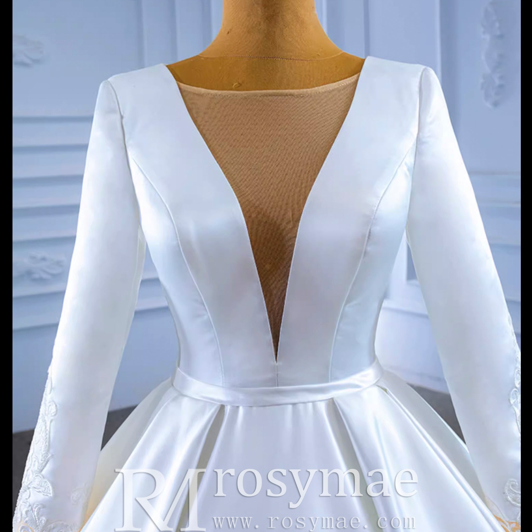 Modest Satin Wedding Dress Beaded Long Sleeve Ball Gown - Rosymae