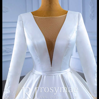 Modest Satin Wedding Dress Beaded Long Sleeve Ball Gown - Rosymae