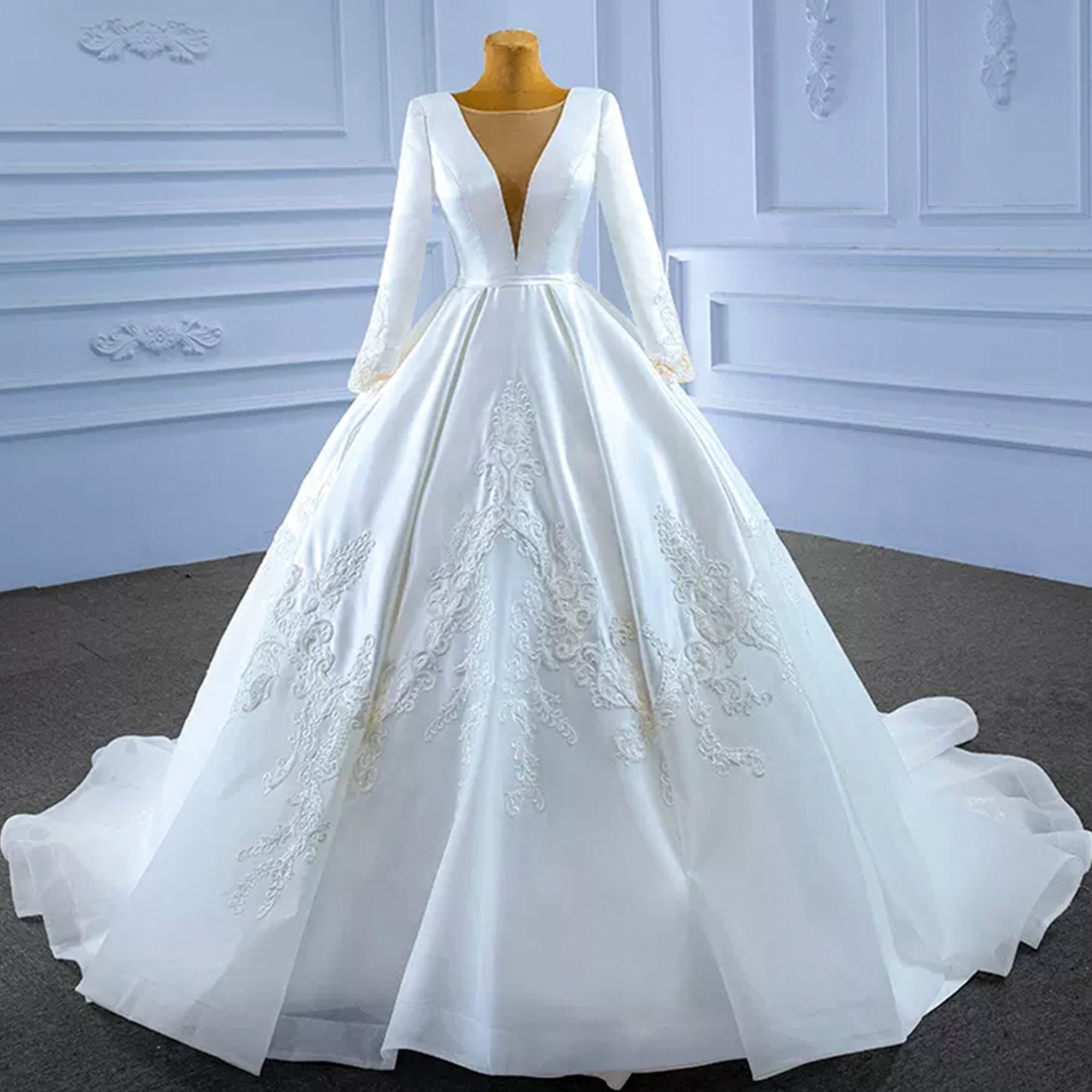 Modest Satin Wedding Dress Beaded Long Sleeve Ball Gown - Rosymae