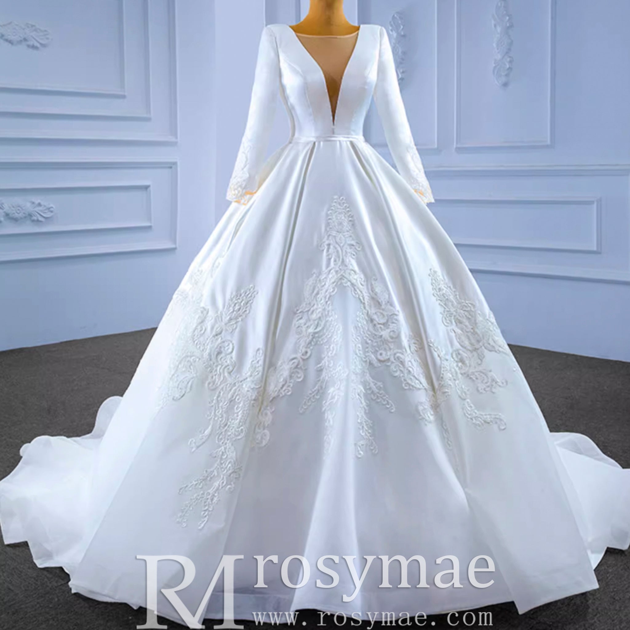 Modest Satin Wedding Dress Beaded Long Sleeve Ball Gown - Rosymae