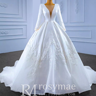Modest Satin Wedding Dress Beaded Long Sleeve Ball Gown - Rosymae