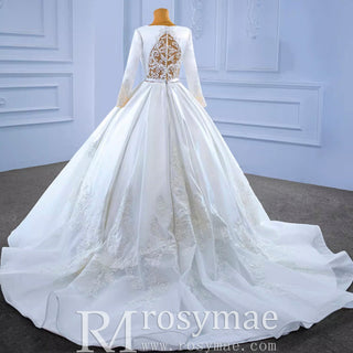 Modest Satin Wedding Dress Beaded Long Sleeve Ball Gown - Rosymae