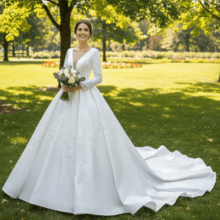 Modest Satin Wedding Dress Beaded Long Sleeve Ball Gown - Rosymae