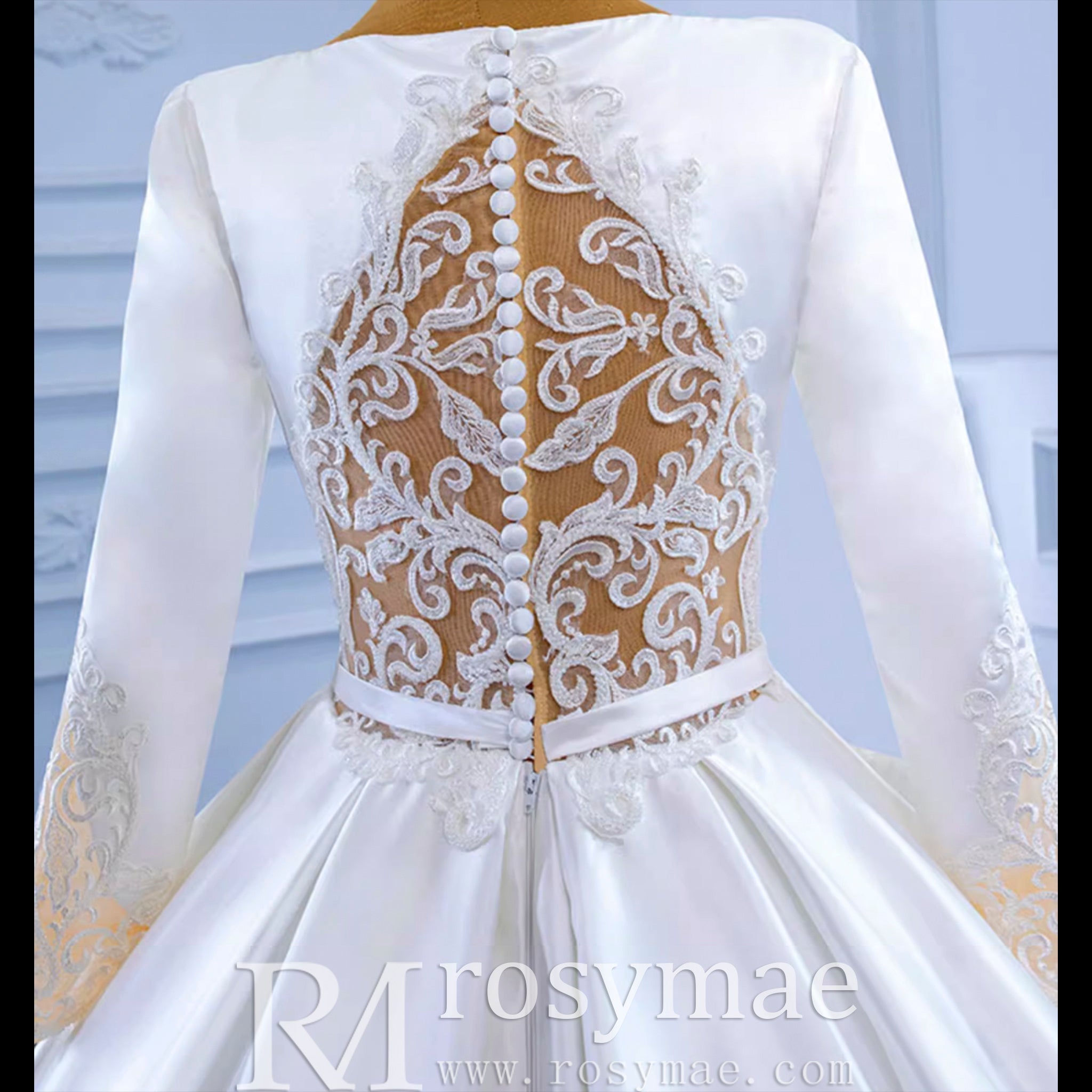 Modest Satin Wedding Dress Beaded Long Sleeve Ball Gown - Rosymae
