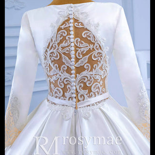 Modest Satin Wedding Dress Beaded Long Sleeve Ball Gown - Rosymae