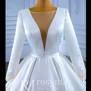 Modest Satin Wedding Dress Beaded Long Sleeve Ball Gown - Rosymae